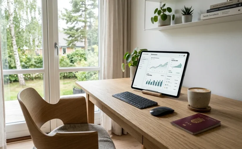 Gratis online valutaberegner vist på en tablet i et lyst skandinavisk hjem