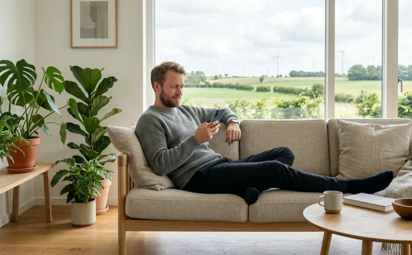 Person i et lyst skandinavisk hjem der bruger en smartphone fra en bæredygtig teleudbyder.